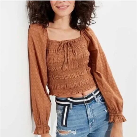 American Eagle Smocked Brown Blouse Sz S - Picture 1 of 5